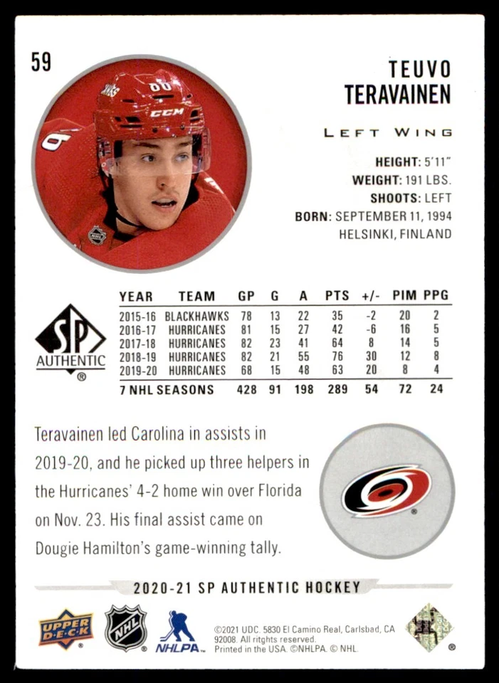 2020-21 SP Authentic Teuvo Teravainen Carolina Hurricanes #59 - Image 2 of 2