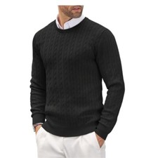 Mens 100% Cotton Plain Pullover Cable Sweater Round Neck Long Sleeve Jumper 49-1