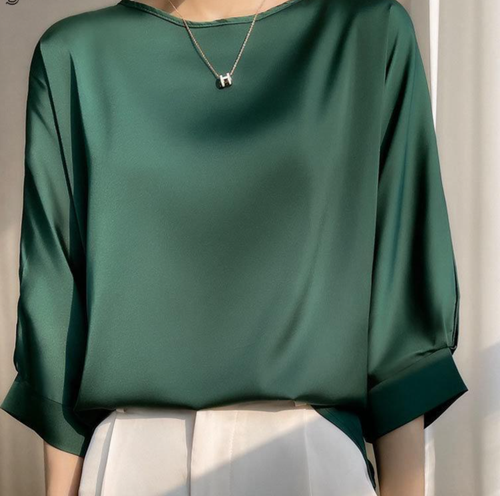 "2025 Summer Satin Silk Half-Sleeve Women’s Loose Basic Tee Blouse"