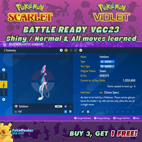 INTELEON ⚡ POKEMON SCARLET VIOLET ⚡ SHINY/NORMAL ⚡ 6IV BATTLE READY VGC 23 ⚡