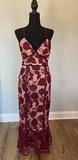 Lulus Alluring Dream Burgundy Floral Mesh Lace Trumpet Midi Dress, Small,  NWT