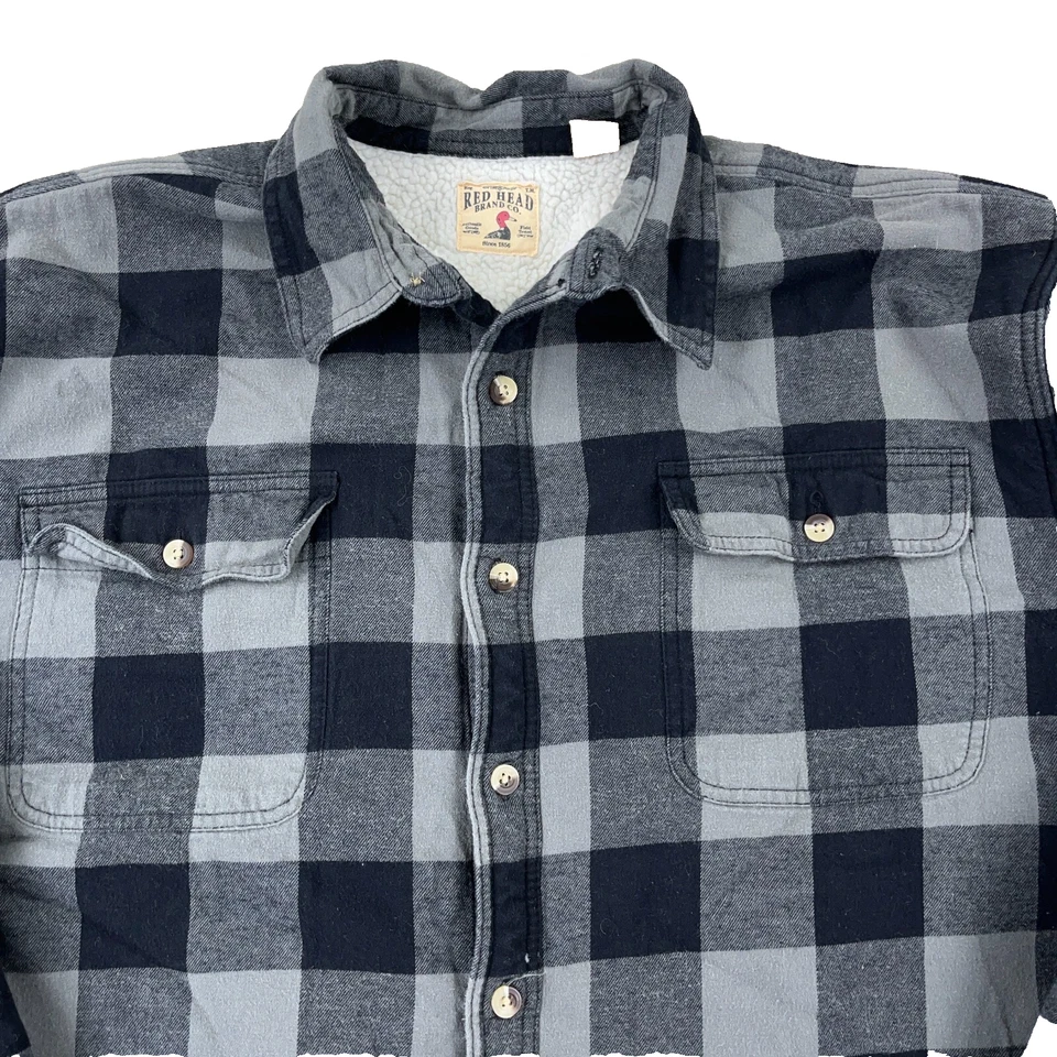 RedHead Shacket Men XXL 2XL Gray Buffalo Plaid Sherpa Lined Flannel Shirt Jacket - Image 2 of 4