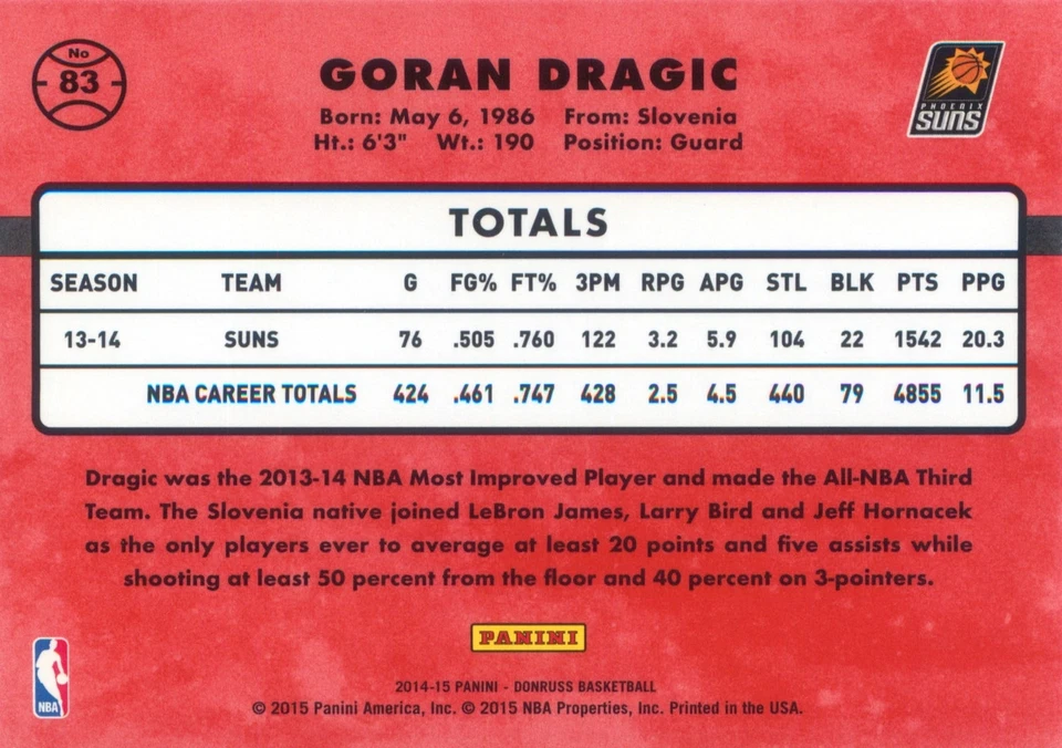 Goran Dragic 2014-15 NBA Panini Donruss Basketball Base Card #83 Phoenix Suns - Image 2 of 2
