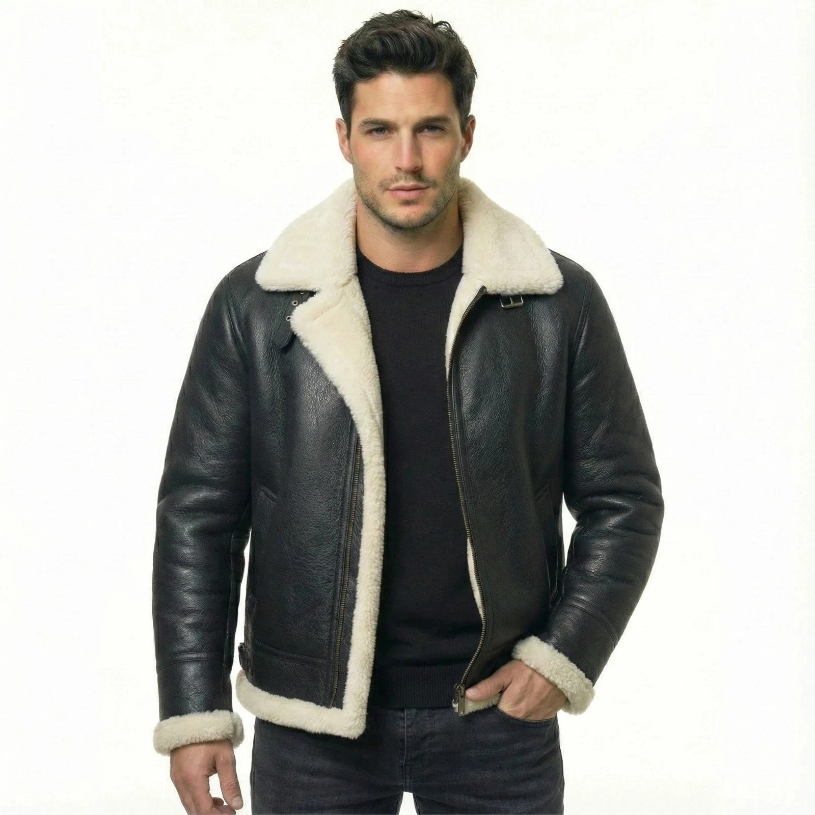 Men's Black Shearling Bomber Jacket Real Sheepskin Leather Jacket B3 Flight Coat
