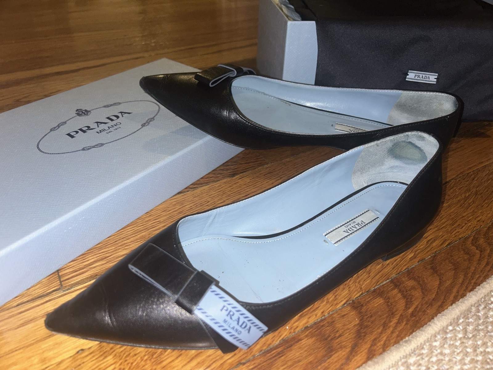 PRADA Women's Black Semi Pointed Toe Leather Flats with Blue Bow Accent - EU 38 thumbnail 6