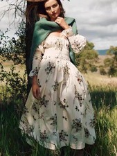 DOEN floral pleated one shoulder skirt with bubble sleeves and round neck dress