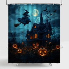 Witch Pumpkin Shower Curtain Scary Castle Halloween Spooky Forest Full Moon N...