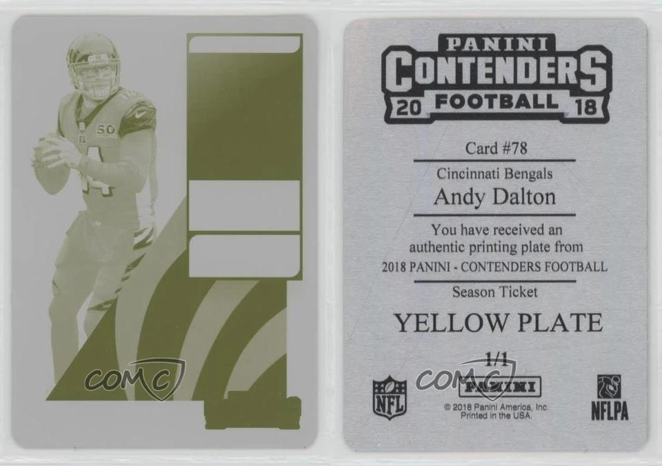 2018 Panini Contenders Printing Plate Yellow 1/1 Andy Dalton #78 vi4 - Image 3 of 3