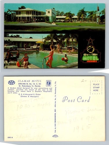 St. Petersburg, FL-Florida, Cla-Mar Motel Pool and Neon Sign Vintage Postcard