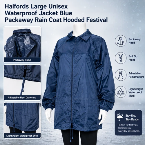 Halfords Large Unisex Waterproof Jacket Blue Packaway Rain Coat Hooded Festival-