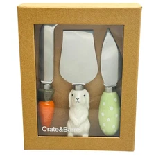 Crate & Barrel Ceramic Handle Cheese Knives 3 Pack Bunny Carrot Green Polka Dot
