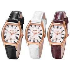 Womens Retro Tonneau Dial Black Leather Quartz Analog Rectangle Wrist Watch Gift