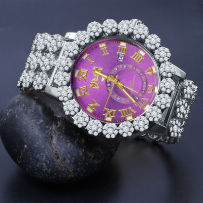 Icy Purple Amethyst 12 Real Diamond Roman Dial Flower Band Bezel Gold Tone Watch