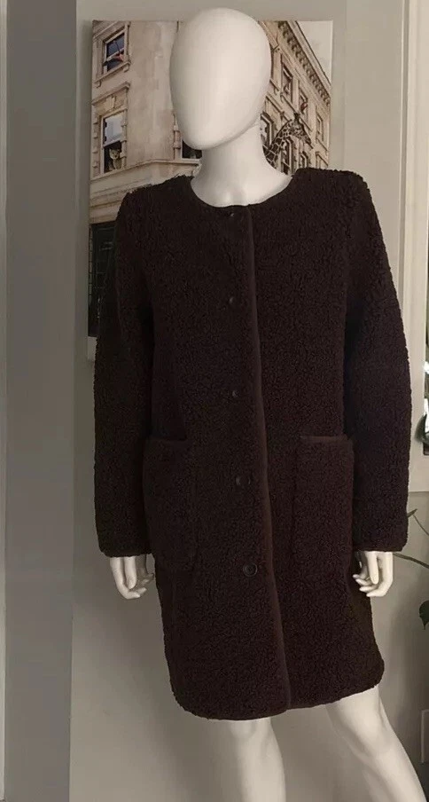 🧸J Crew Oso de Peluche Felpa Pesada Sherpa Polar Abotonable Abrigo Chaqueta Para Mujer Talla M