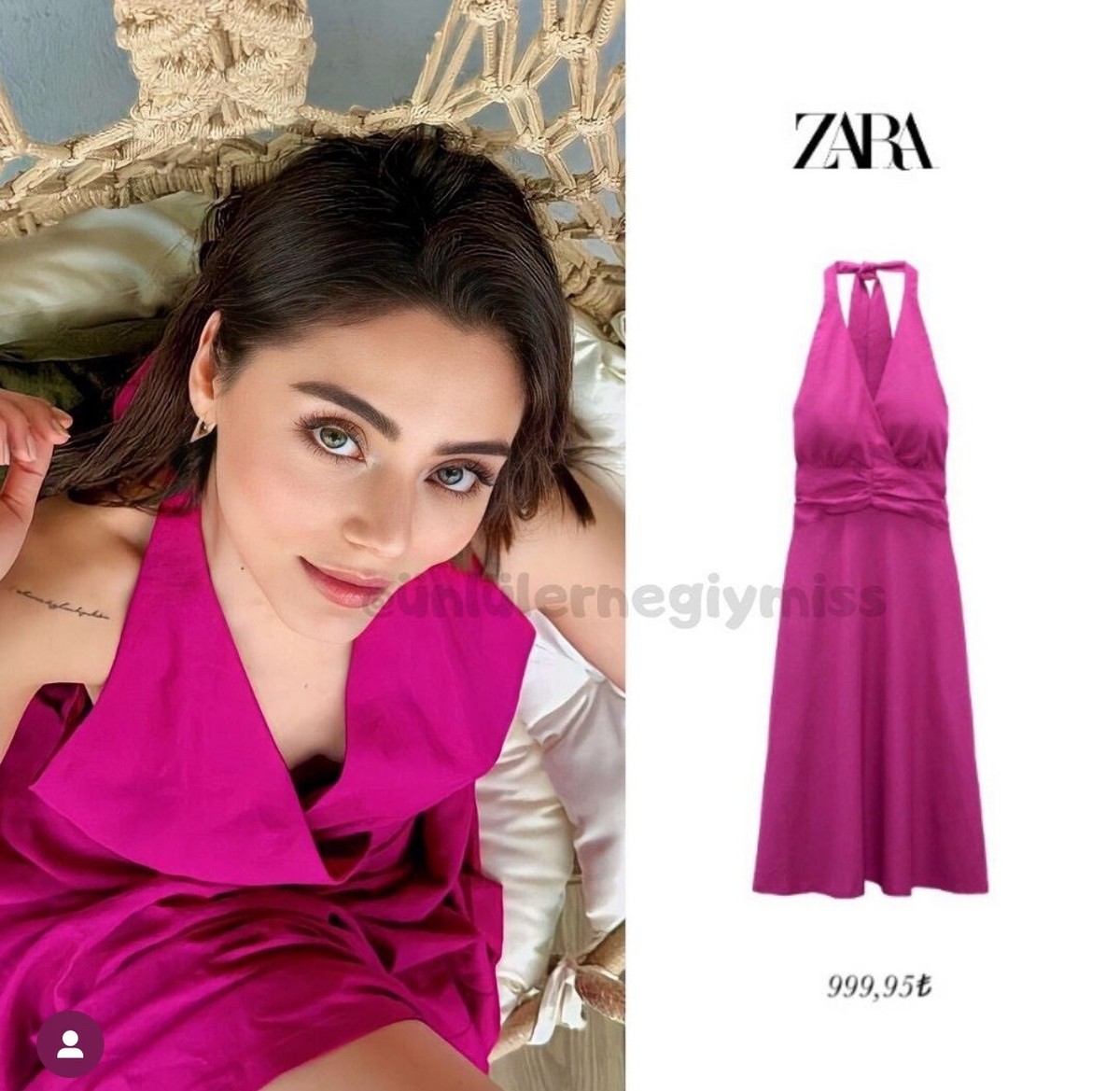 ZARA 2023 HALTER LINEN BLEND HALTER NECK MIDI DRESS MAGENTA