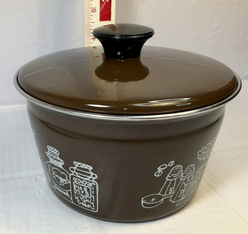 Vtg Cera-met mod kitchen Sauce Pan / Pot No Handle Brown And White Clean Retro - Picture 2 of 8