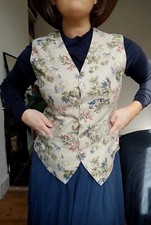 Vintage Ladies Laura Ashley Waistcoat Linen Embroidered Floral Size 12 S M