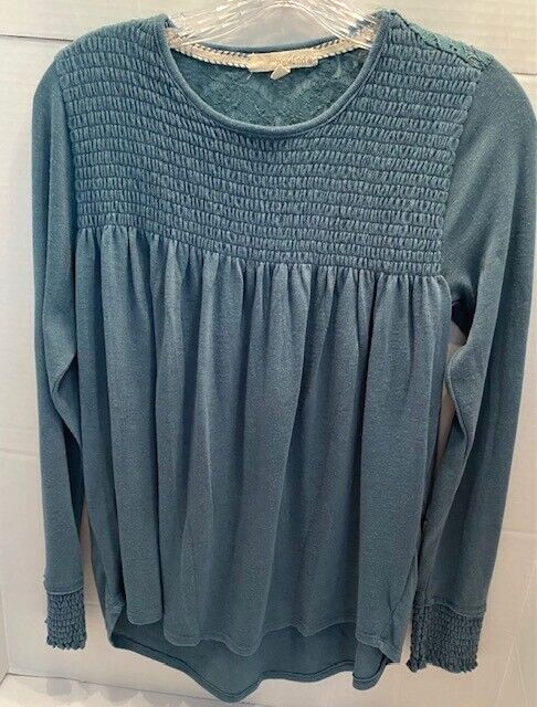 Rewind Women's Sz. L  Smocked Lt. Teal Front/Lace Back Long Sleeve Knit Boho Top