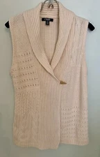 Chaps Women’s M Ivory Cable Knit Cotton Blend Sweater Vest Toggle Shawl Collar