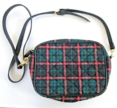 Talbots Black Tartan Plaid Quilted Crossbody Bag Adjustable Leather Strap NEW