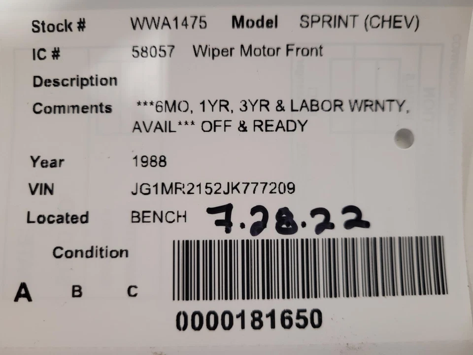 Used Windshield Wiper Motor fits: 1988 Chevrolet Sprint (chev)  Grade A - Image 4 of 4