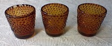 Vintage  Set 3 Amber Glass Candle Holder Votive Cup Hobnail Dot MCM READ