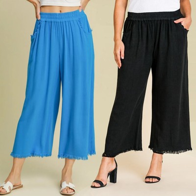 Umgee Linen Blend Elastic Waistband Wide Leg Pants with Pockets