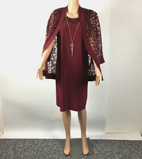 R M Richards Womens Sz 12 Formal Midi Dress Metallic Lace Red Murlot 2 Pcs NEW