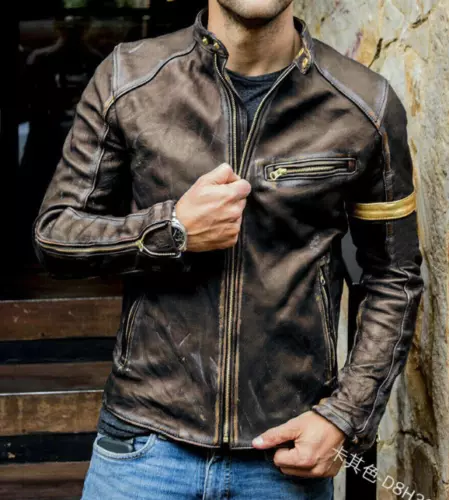Herren Retro Stehkragen Motorrad, abgenutzte Coffee Shop Punk Stil Lederjacke - Bild 1 von 10