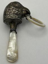 Antique 1920 Sterling Silver Parrot Baby Mother of Pearl Teether WJM