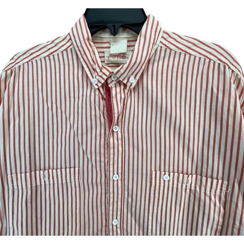 Vintage Coca-Cola Shirt Mens Large Red White Striped Button Up Long Sleeve 90s - Image 3 of 4