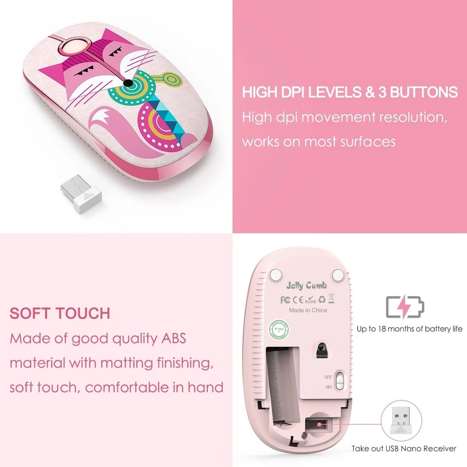 Jelly Comb 2.4G Slim Wireless Mouse with Nano Receiver Pink Fox - New in Box - Image 3 of 4