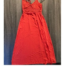 Forever 21 Red Lace Crochet Midi Dress Smocked Back Side Slit Lipstick Small NEW