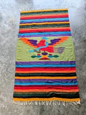 Mexican Serape Style Woven Blanket Throw Bird Motif Rainbow Stripes Fringe