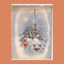 Christmas Card Vintage Embossed - Winter Church Clock Tower Full Moon Snow