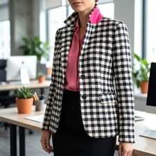 TALBOTS Sz 6 Black Cream Rainbow Houndstooth Tweed Wool Blend Blazer Jacket NWT