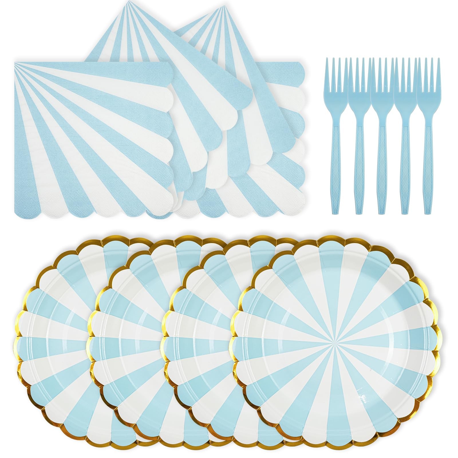 72PCS Blue Plates and Napkins Party Supplies, Gold Foil Edge Scalloped Stripe...