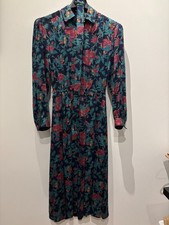 Vtg Print Talbots Dress Womens Midi Long Sleeve Teal Rose full skirt button up