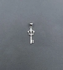 .925 Sterling Silver Fleur De Lis Key Pendant with Simulated Diamonds CZ Charm 
