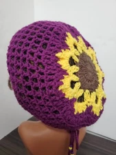 Crochet Flower Tam Slouch Hat With Drawstring Handmade One Size Dreadlock Beanie