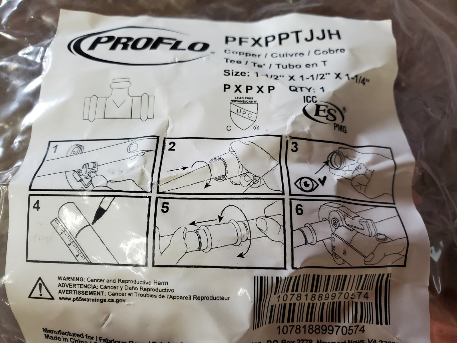 ProFlo PFXPPTJJH Copper Press Reducing Tee Fitting–Size: 1-1/2” x1-1/2” x1-1/4”