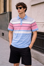 Mens Short Sleeve Striped Pique Polo Shirt Top Summer Casual with Pocket M - 3XL