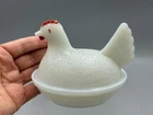 Vintage Chicken HEN on NEST Milk Glass Covered CANDY DISH Container