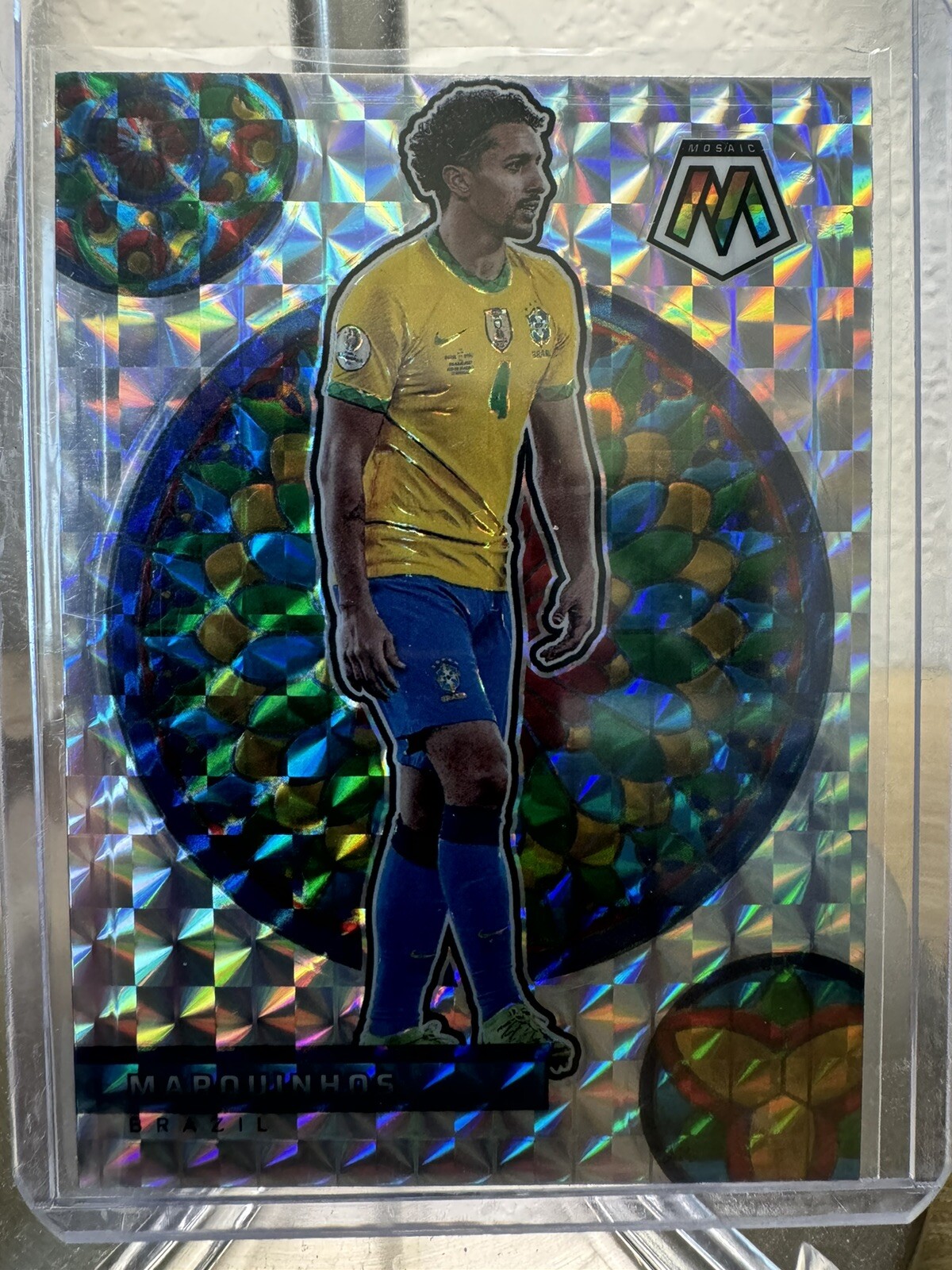 This rare 2021 Panini Mosaic FIFA Road World Cup Stained Glass #6 Marquinhos