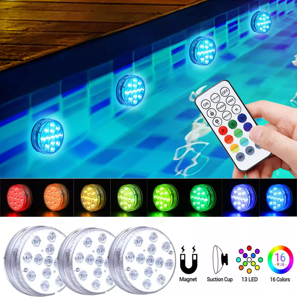 13LED Underwater Swimming Pool Lights Submersible Magnetic Pond Fountain Lamps