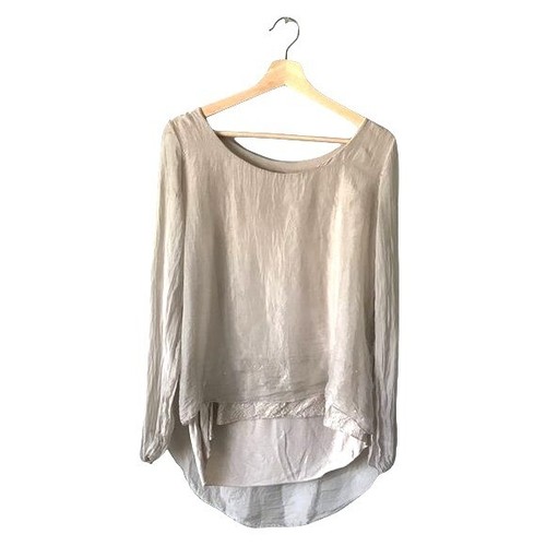 DOLCE RAGAZZA Blusa top 100% SETA BLUSA marrone chiaro con paillettes manica lunga Hi-Lo L - Foto 10 di 10