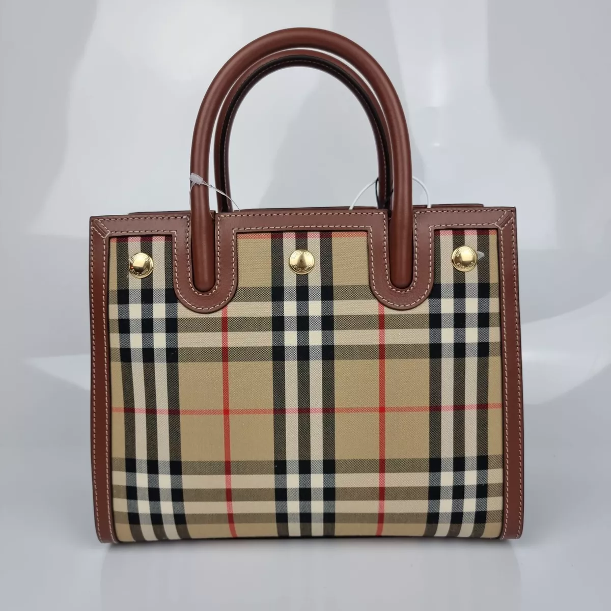 Burberry Title Two Handle Tote Leather with Vintage Check Canvas Small  Black 2253491