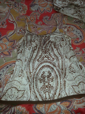 Seide Top Bluse  38 weiß bruan gold 