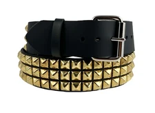 BRASS/ GOLD  Stud Belt Genuine Leather Three Row Rock Goth Sid Vicious Punk 70's