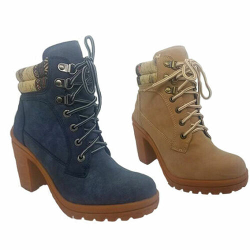 Ladies No Shoes Anita Blue or Beige Boho Heels Chunky Lace Up Shoes/Boots 6-10 - Photo 1/27